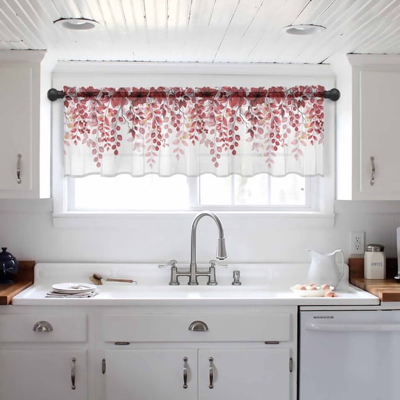 Red Eucalyptus Leaves Valance Curtains for Kitchen/Living Room/Bathroom/Bedroom Window, Summer Botanical Weeping Rod Pocket Small Topper Half Short Window Curtains Voile Sheer Scarf 60"x18"