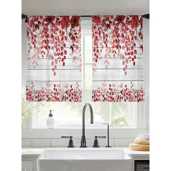 Red Eucalyptus Sheer Curtains 45 Inches Long 2 Panels Leaves Abstract Branch Retro Wood Grain Light Filtering Semi Sheer Window Curtains Drapes for Bedroom Living Room 52"x45"