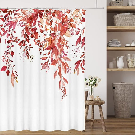 Red Eucalyptus Shower Curtain Sets, Watercolor Bright Burgundy Leaves on The Top Plant with Floral Bathroom Decoration 72x84 Inch with Hooks