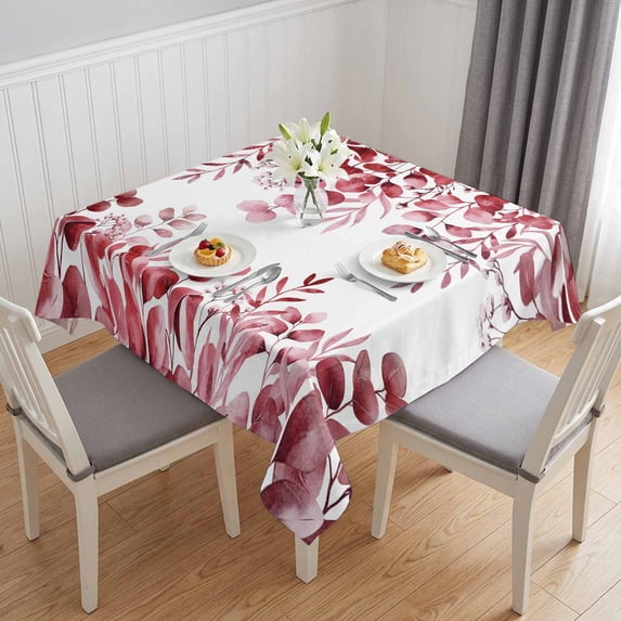 Red Eucalyptus Table Cloth Waterproof Tablecloths, Spring Summer Farmhouse Leaves Watercolor Tablecloth Dining Table Cover for Kitchen Party Tabletop Outdoor, Square Tablecloth 54x54 Inch