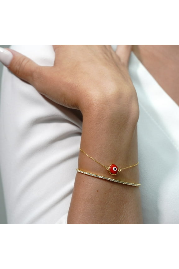 Red Evil Eye Bracelet in 14 Karat Solid Gold | Round Evil Eye in Red | Protection Evil Eye Bracelet for Her | Chic Gold Evil Eye Bracelet |