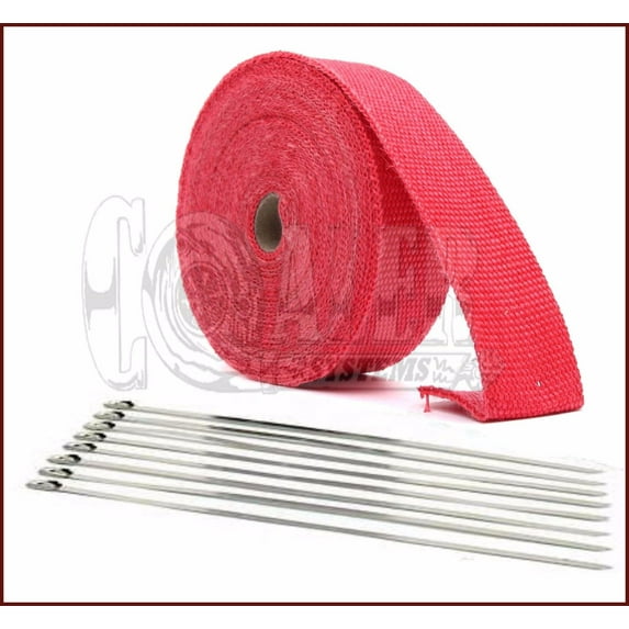Ford 1" x 50' Protection Header Exhaust Heat Wrap Red with 8 Steel Ties