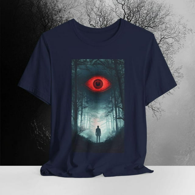 Red Eye Forest Tee – Creepy Cosmic Watcher Horror Fog Woods Surreal Graphic