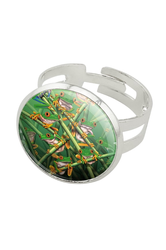 Red Eye Tree Frog Grouping Tropical Rainforest Silver Plated Adjustable Novelty Ring