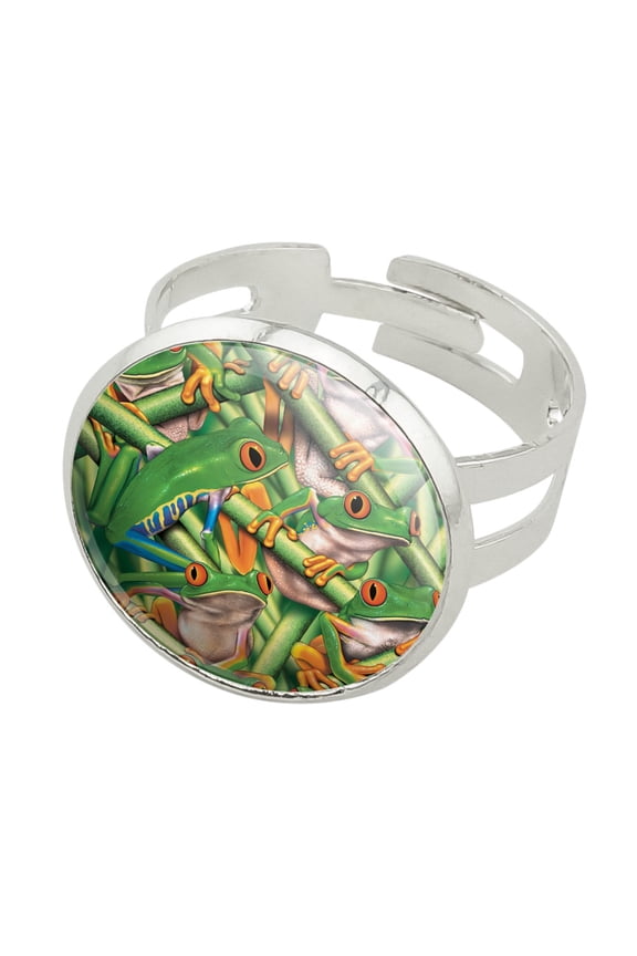 Red Eye Tropical Rainforest Frogs Silver Plated Adjustable Novelty Ring