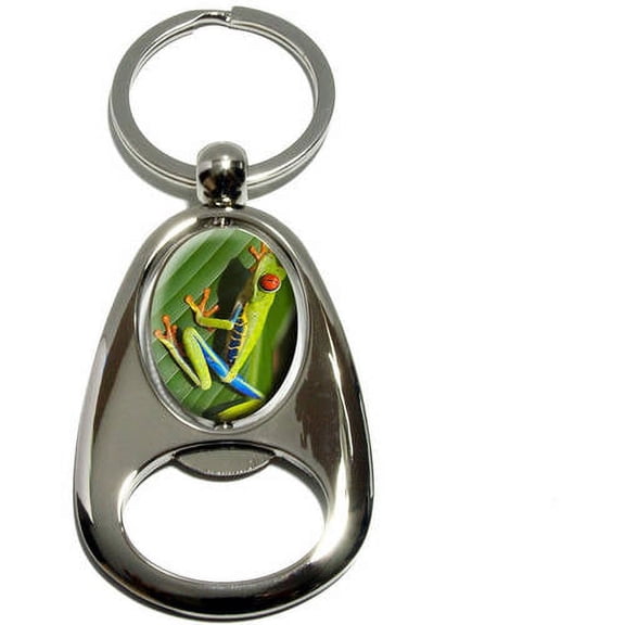 Red Eyed Tree Frog, Chrome Plated Metal Spinning Oval Design Bottle Opener Keychain Key Ring