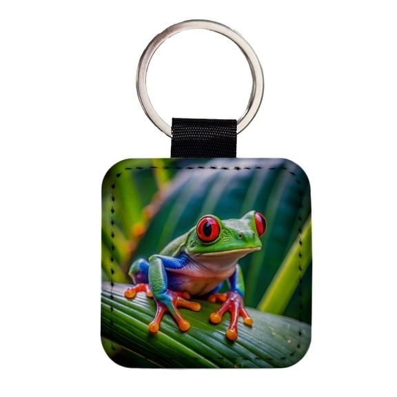 Red Eyed Tree Frog Faux Leather Square Keychain