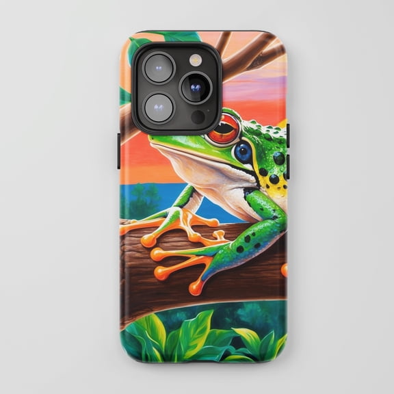 Red Eyed Tree Frog For All iPhone Series Tough Phone Case Tropical Nature Art Vibrant Green Orange