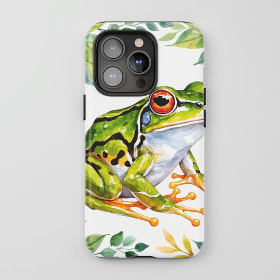 Red Eyed Tree Frog For All iPhone Series Tough Phone Case Watercolor Nature Green White Design