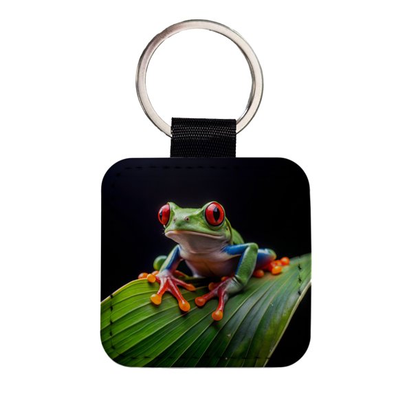 Red Eyed Tree Frog On Leaf Faux Leather Square Keychain