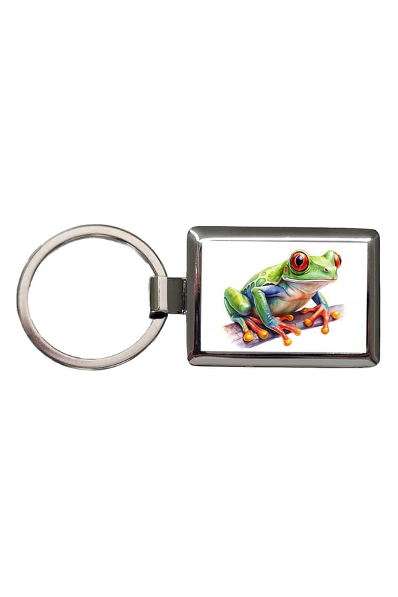 Red Eyed Tree Frog Watercolor Metal Rectangle Keychain