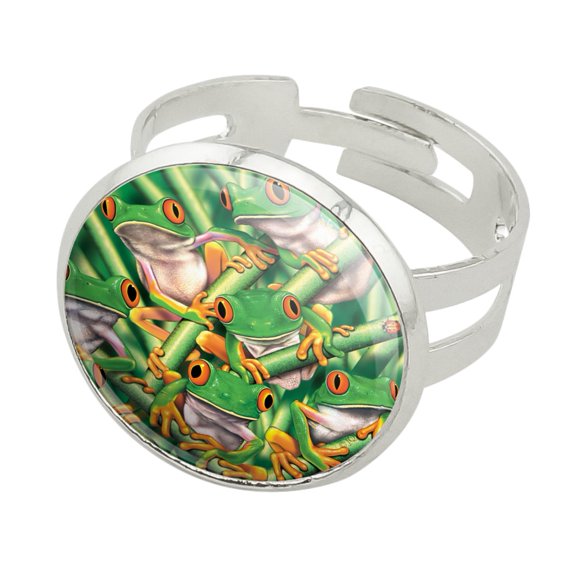 Red Eyed Tropical Rainforest Frogs Silver Plated Adjustable Novelty Ring