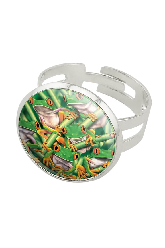 Red Eyed Tropical Rainforest Frogs Silver Plated Adjustable Novelty Ring