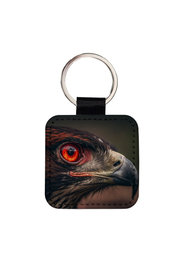 Red Eyes Hawk Bird Faux Leather Square Keychain