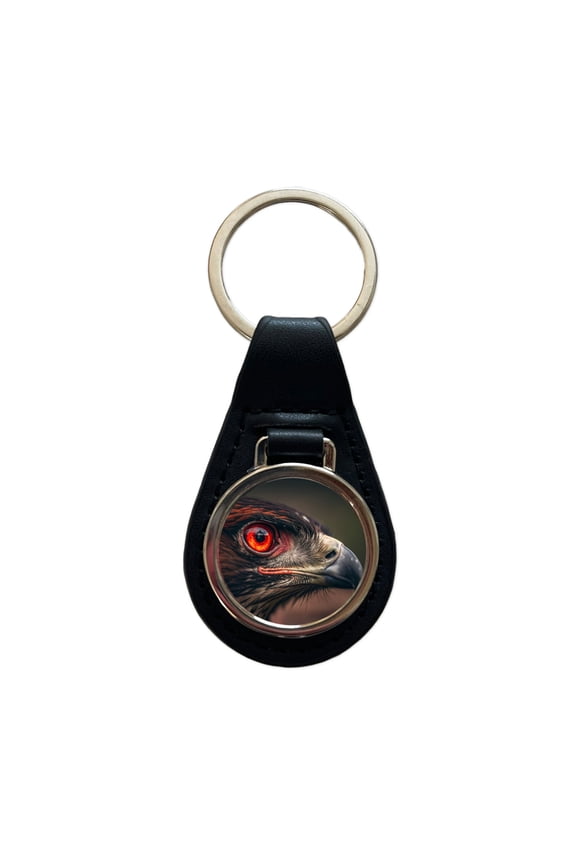 Red Eyes Hawk Bird Metal Black Leather Keychain