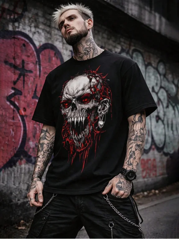 Red Eyes Skull With Drips Vintage Grunge Y2K Short Sleeves Crewneck Cotton Unisex Men's Women's Tee Shirt