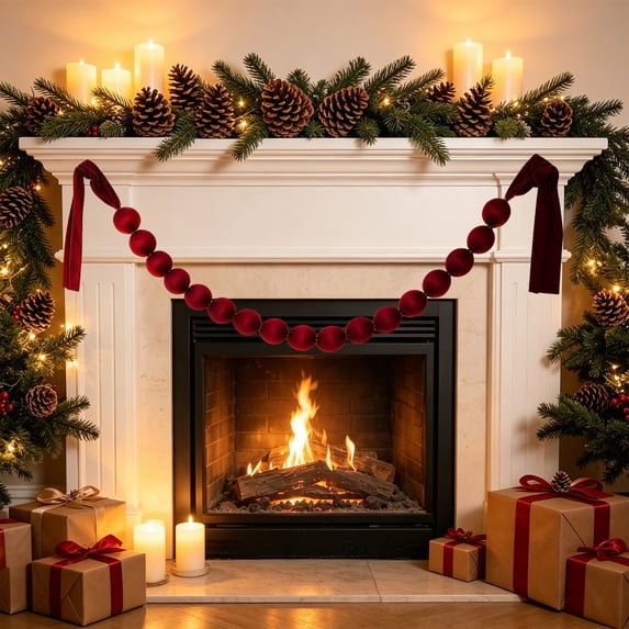 Red Fabric Ball Christmas Garland, Decorative Hanging Ornament Strand for Holiday Tree, Mantel, Window, Stair Railing, Party Backdrop, Photography Scene, or Home Display, 69in, Wine