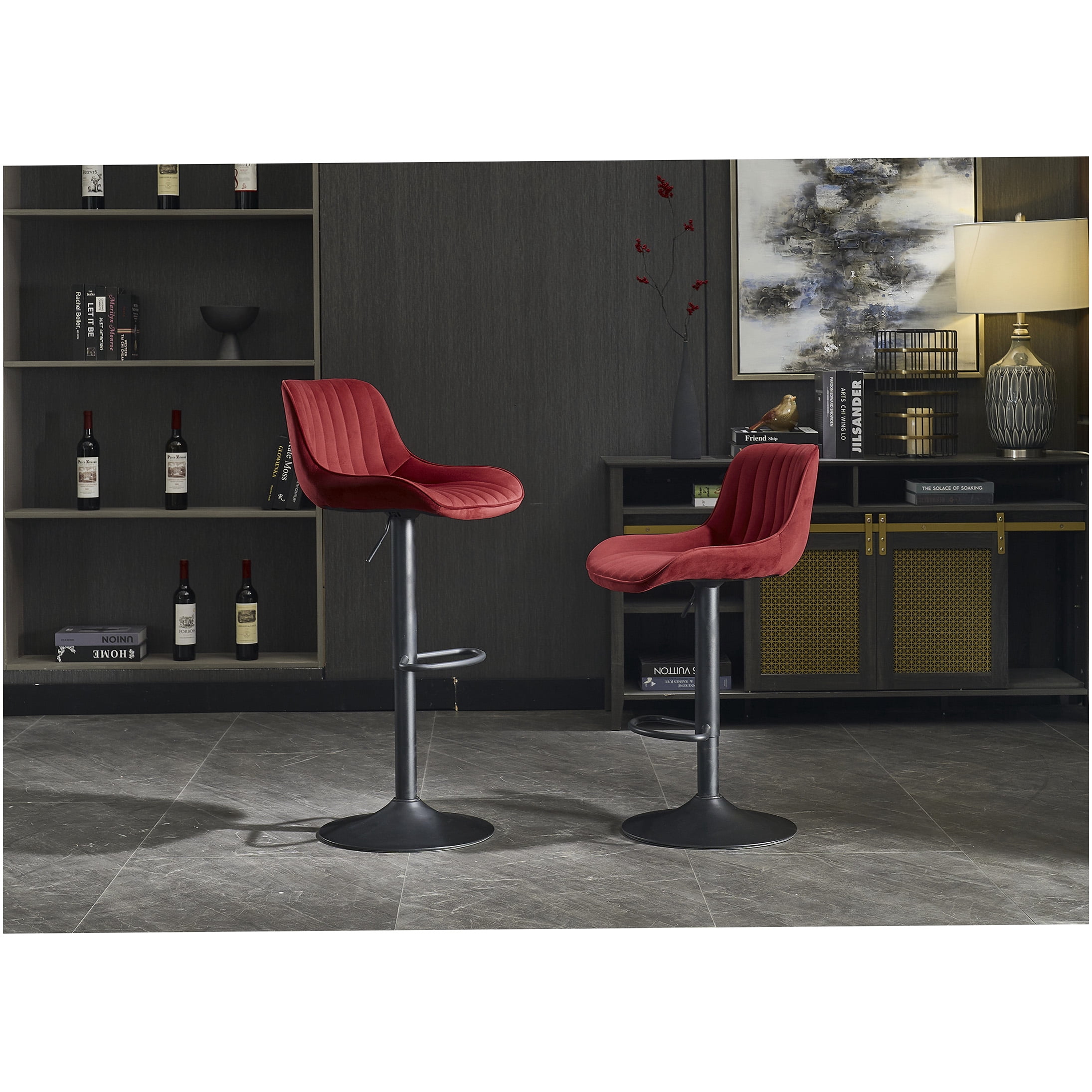 Red Fabric Bar Stools Set of 2 with Chrome Footrest, Swivel Base and ...
