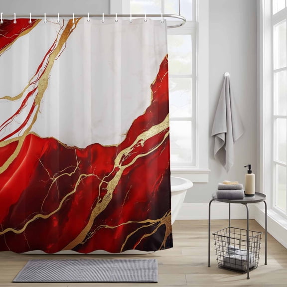 Red Fabric Shower Curtain for Bathroom Marble Texture Waterproof Polyester Bath Curtain with 12 Hooks Washable Shower Curtain with Grommets 48"x72"