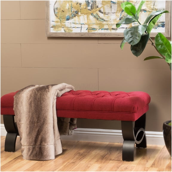 Red Fabric Upholstered Ottoman Bench with Classic Button Tufting and Diamond Stitching