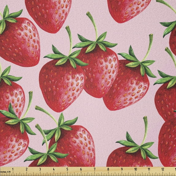 Red Fabric by The Yard, Delicious Big Strawberries on Pink Background Tasty Juicy Ripe Summer Fruits, Stretch Knit Fabric for Clothing Sewing and Arts Crafts, 2 Yards, Red Green, by Ambesonne