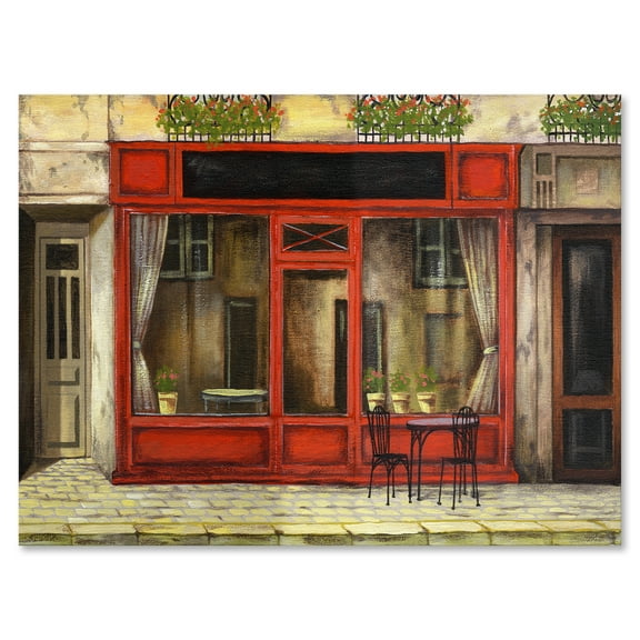Red Facade of Charming Shop In Paris Street I 12 in x 8 in Painting Canvas Art Print, by Designart