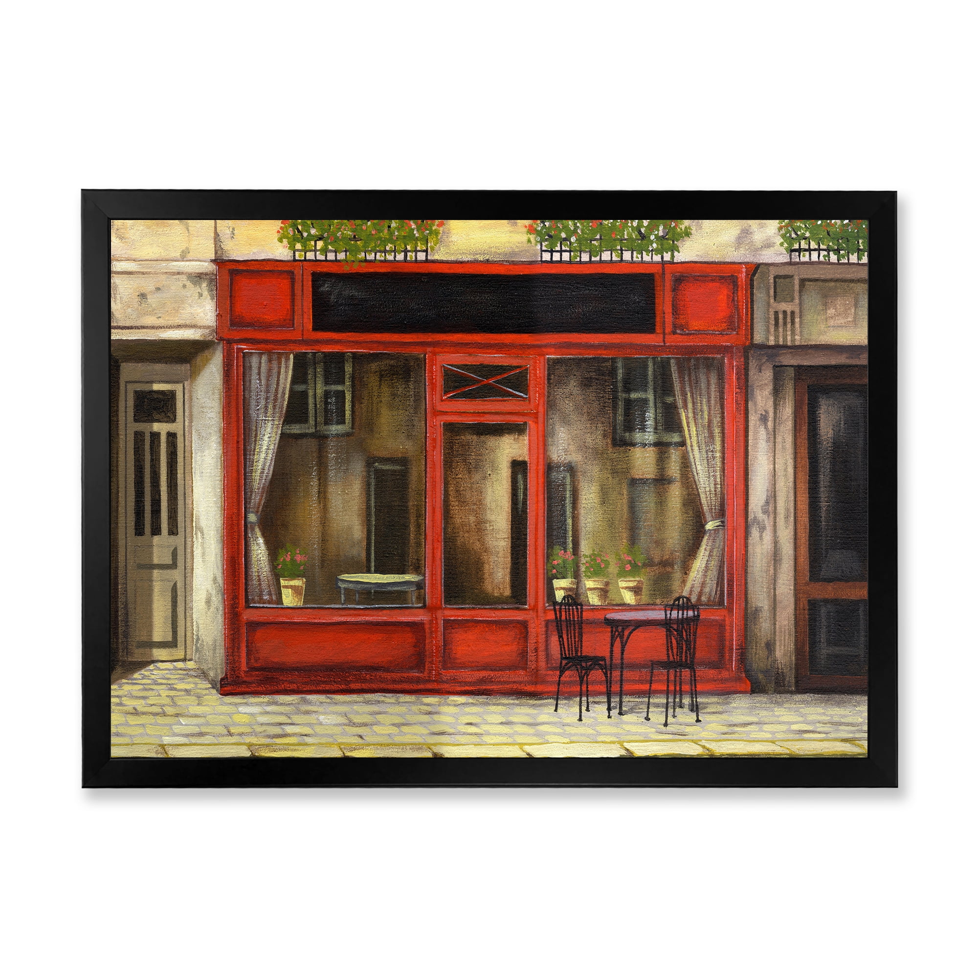 Red Facade of Charming Shop In Paris Street I 20 in x 12 in Framed Painting Canvas Art Print, by Designart