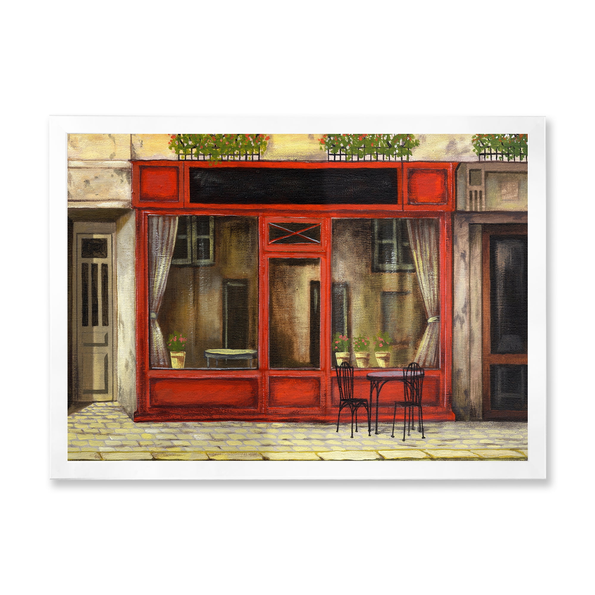 Red Facade of Charming Shop In Paris Street I 20 in x 12 in Framed Painting Canvas Art Print, by Designart