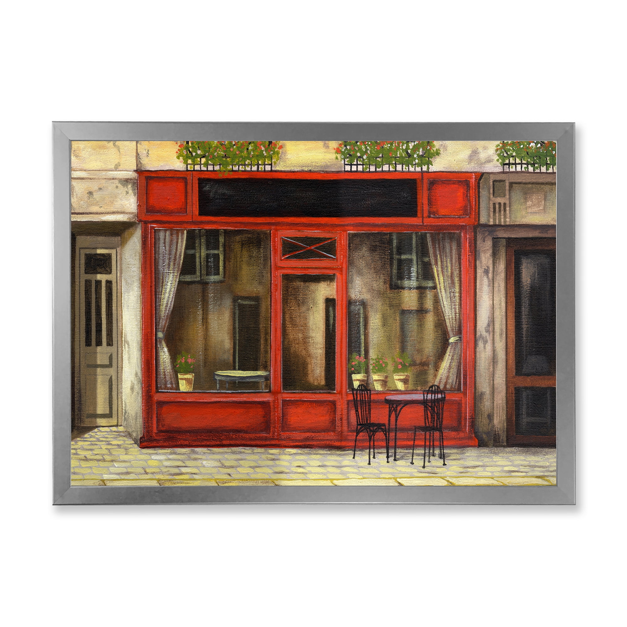 Red Facade of Charming Shop In Paris Street I 20 in x 12 in Framed Painting Canvas Art Print, by Designart