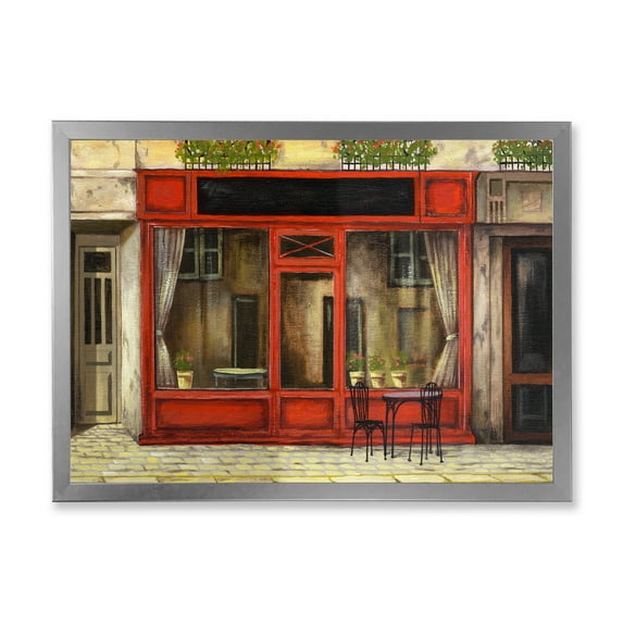 Red Facade of Charming Shop In Paris Street I 20 in x 12 in Framed Painting Canvas Art Print, by Designart