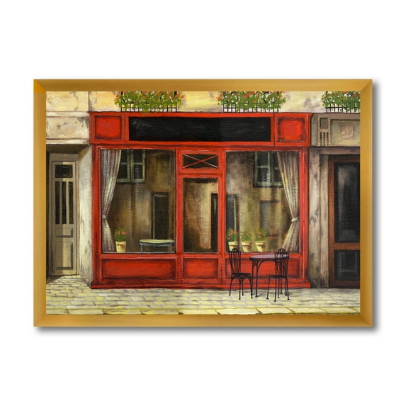 Red Facade of Charming Shop In Paris Street I 32 in x 16 in Framed Painting Canvas Art Print, by Designart