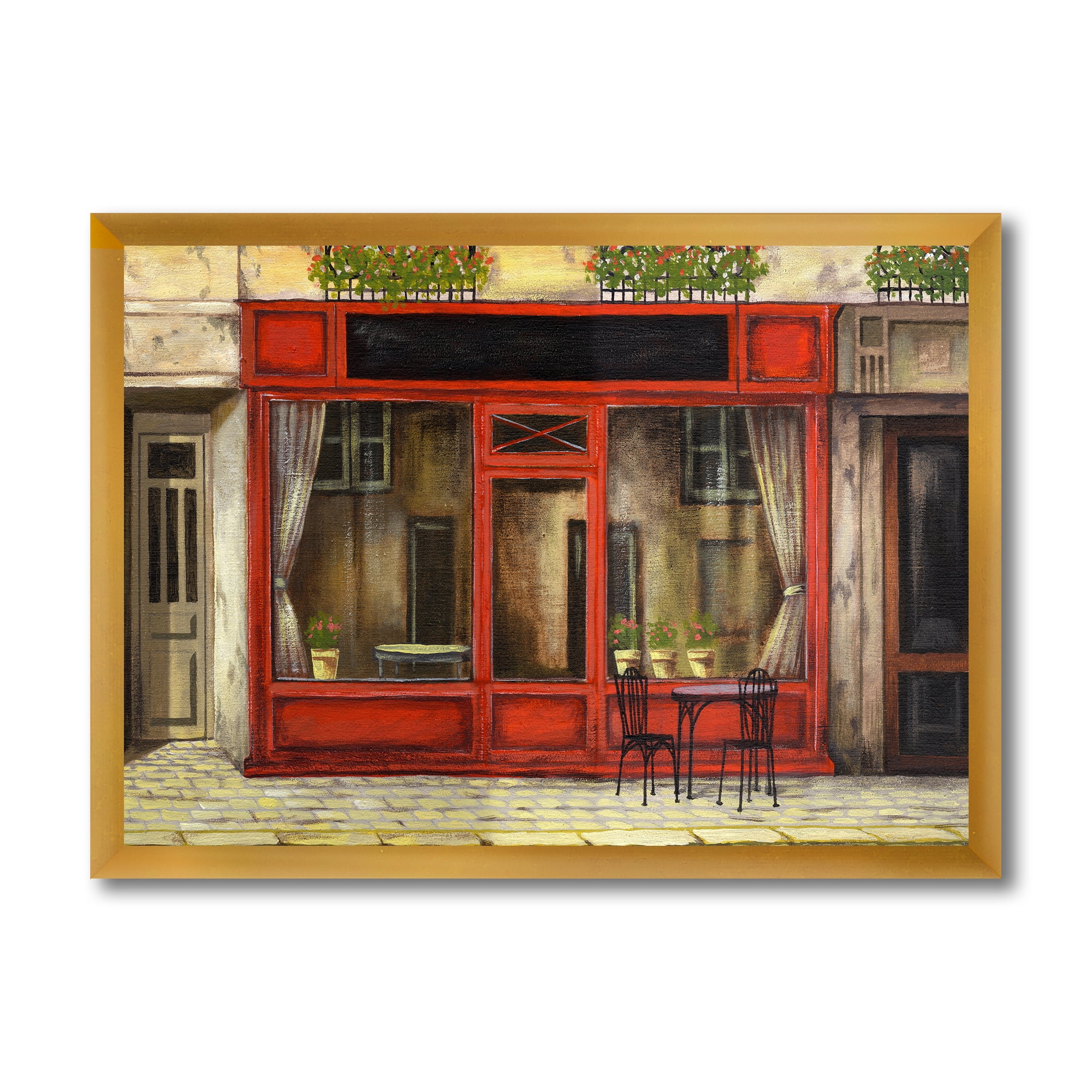 Red Facade of Charming Shop In Paris Street I 40 in x 30 in Framed Painting Canvas Art Print, by Designart