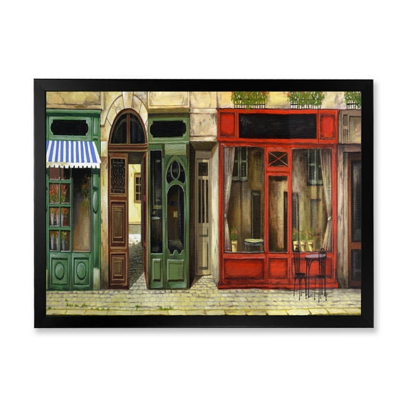 Red Facade of Charming Shop In Paris Street II 20 in x 12 in Framed Painting Canvas Art Print, by Designart