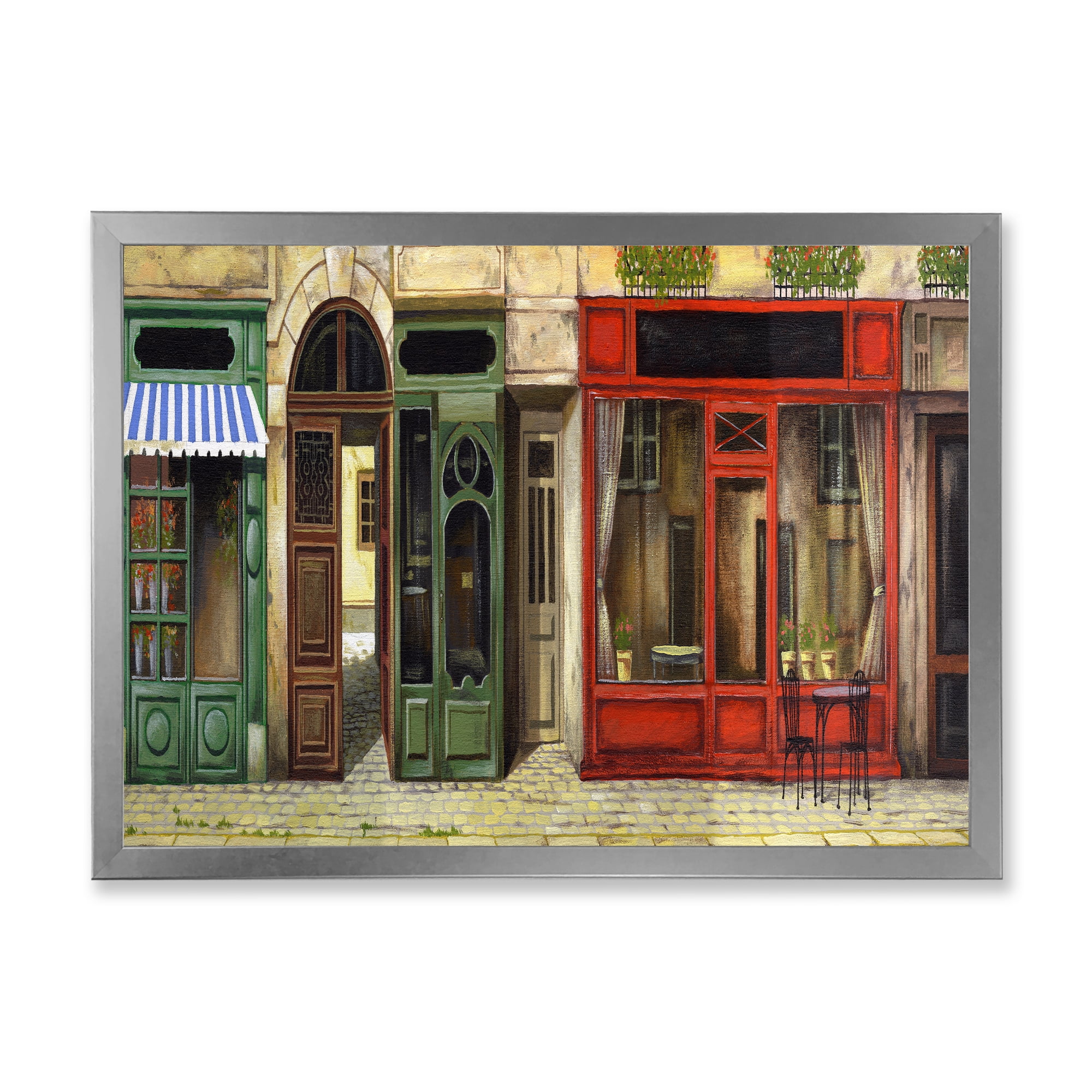 Red Facade of Charming Shop In Paris Street II 20 in x 12 in Framed Painting Canvas Art Print, by Designart