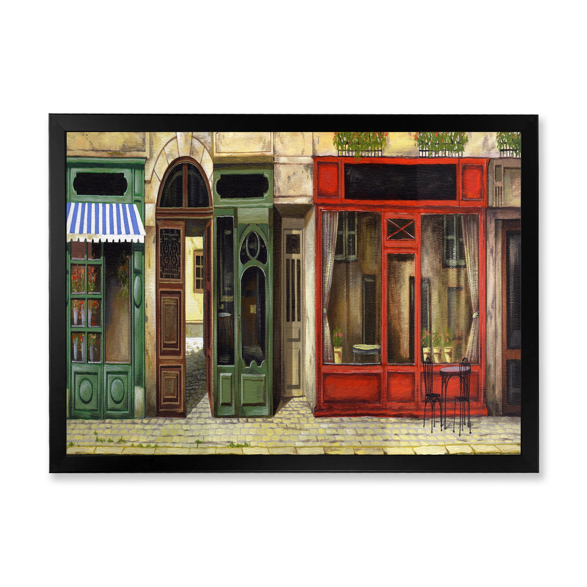 Red Facade of Charming Shop In Paris Street II 32 in x 24 in Framed Painting Canvas Art Print, by Designart