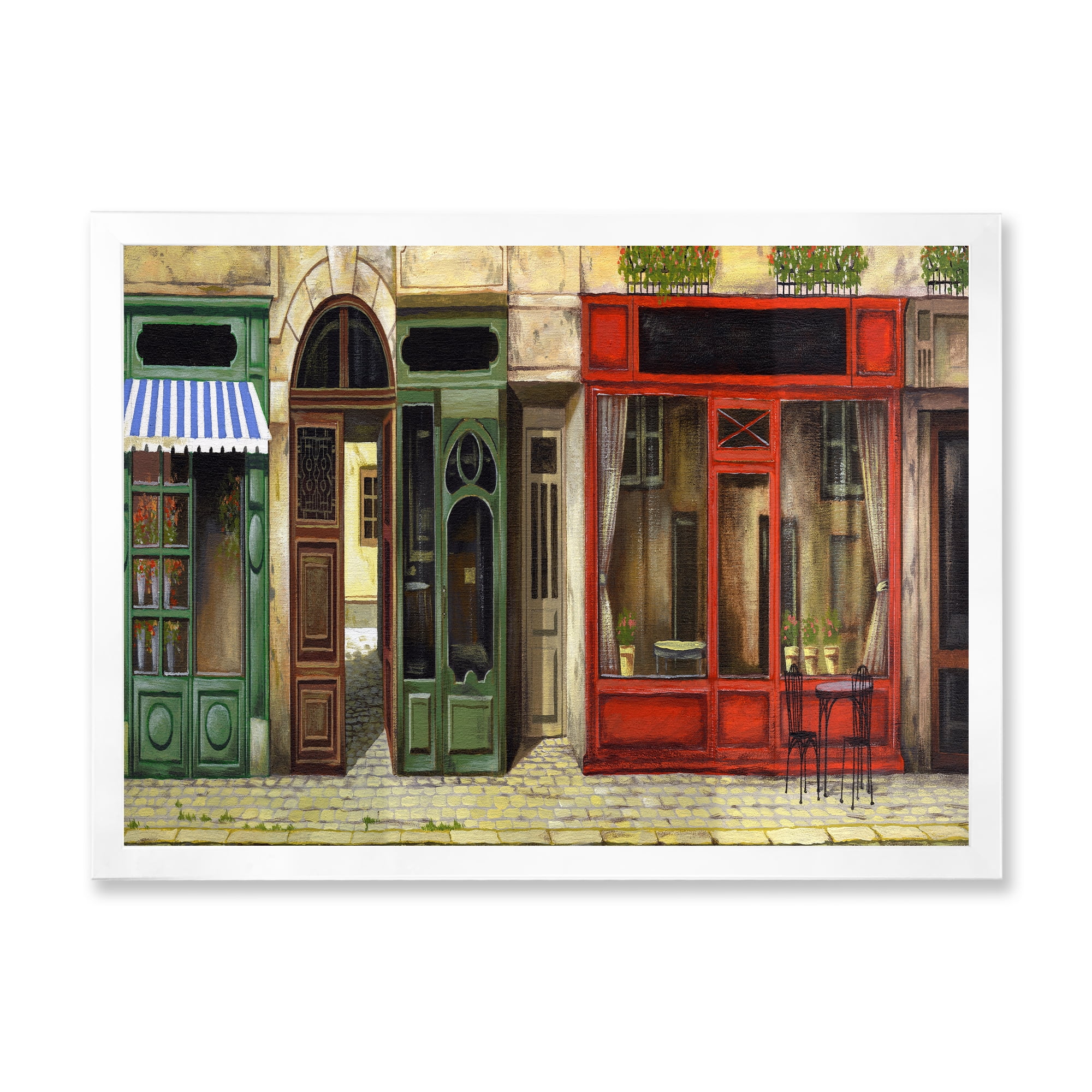 Red Facade of Charming Shop In Paris Street II 32 in x 24 in Framed Painting Canvas Art Print, by Designart