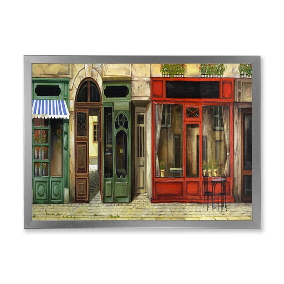 Red Facade of Charming Shop In Paris Street II 40 in x 30 in Framed Painting Canvas Art Print, by Designart