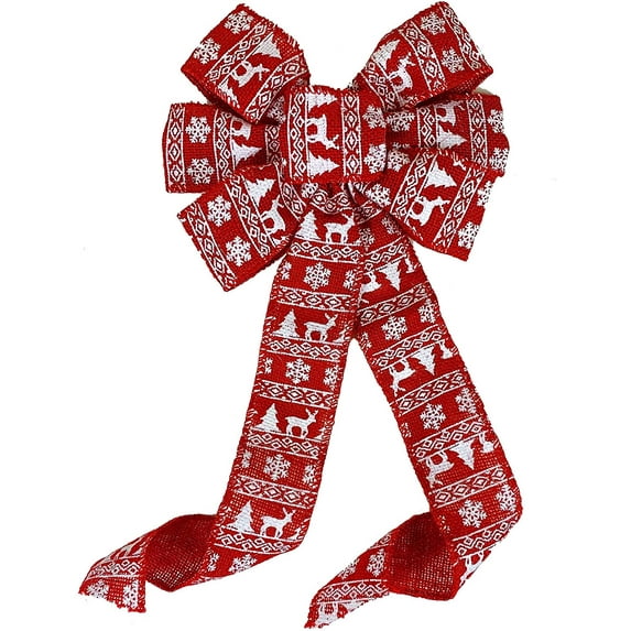 Red Fair Isle Christmas Bow - 10" Wide, 18" Long Pre-Tied Bow, Door Decor, Wreath, Winter