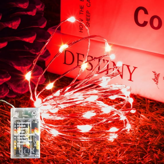 Red Fairy Lights Battery Operated (Included), 8 Modes & Auto Timer, 16FT 50Led Mini Twinkle Silver Wire Firefly Starry Lights, Waterproof Battery Operated Lights for Mason Jars Party Bedroom