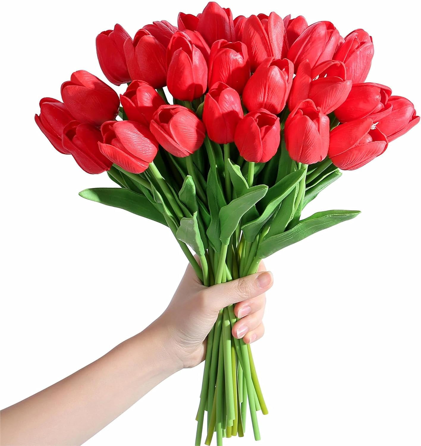 Red Fake Tulips Artificial Flowers Real Touch Red " Silk Flower for Home Kitchen Decor Mother's Day Spring Easter Wedding Bouquet Decorations Office Floral Arrangements
