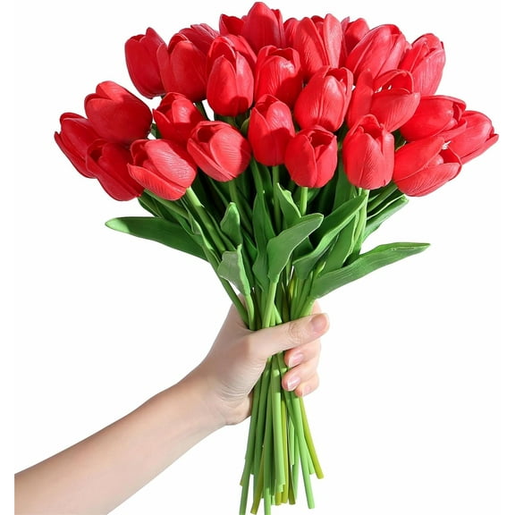 Red Fake Tulips Artificial Flowers Real Touch Red " Silk Flower for Home Kitchen Decor Mother's Day Spring Easter Wedding Bouquet Decorations Office Floral Arrangements