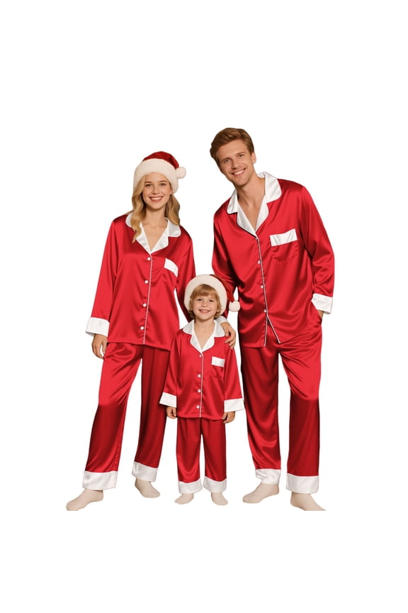 Red Family Christmas Pajamas Matching Sets Satin Long Sleeve Holiday Lounge Soft Xmas Silk Pjs Men Women Two Piece Sets