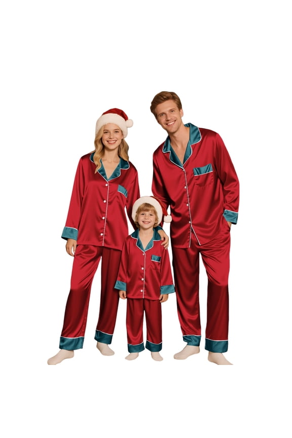 Red Family Christmas Pajamas Matching Sets Silk Satin Holiday Matching Pajamas Sets Long Sleeve Button Down Comfy Loungewear Sets