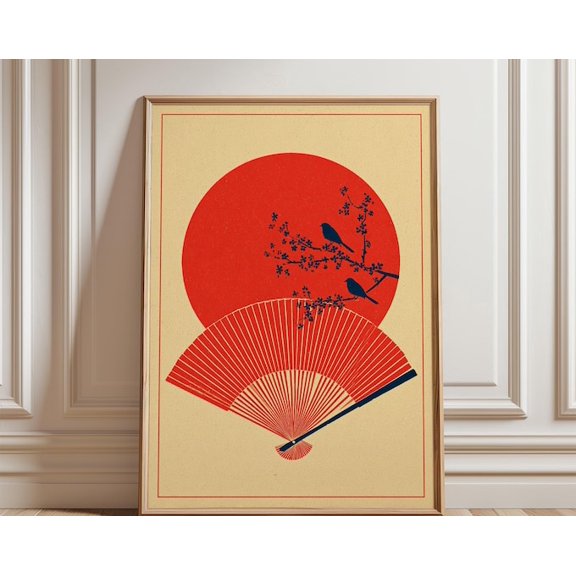 Red Fan Bird Japanese Sun Floral Vintage Wall Art, Unframed Paper Poster 8x10in