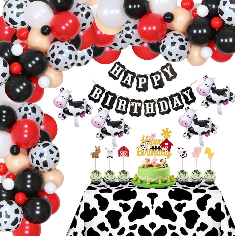 Red Farm Animal Theme Balloon Garland Arch Kit; Red, Black, White Latex and cow foil balloons, cake topper, tablecloth for birthday decoration