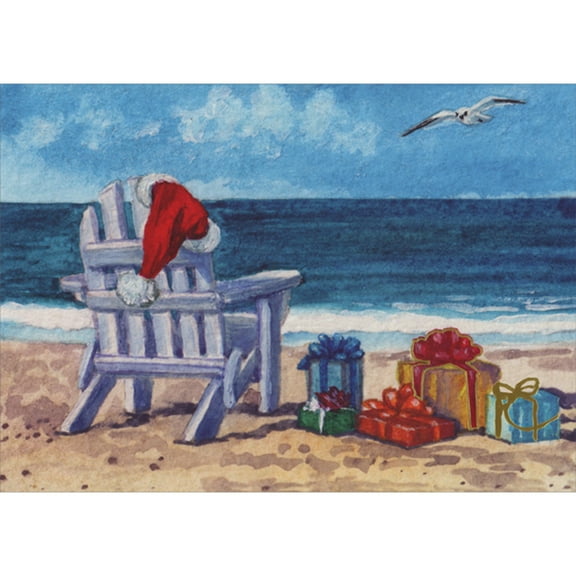 Red Farm Studios Adirondack Chair and Colorful Gifts on Beach Under Blue Sky Box of 15 Coastal Christmas Cards