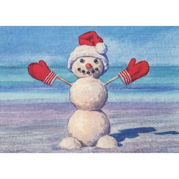 Red Farm Studios Cute Smiling Sand Snowman with Red Mittens and Santa Hat on Beach Box of 15 Warm Weather Christmas Cards