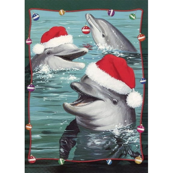 Red Farm Studios Dolphins with Santa Hats Inside Ornament Frame Box of 15 Warm Weather Christmas Cards