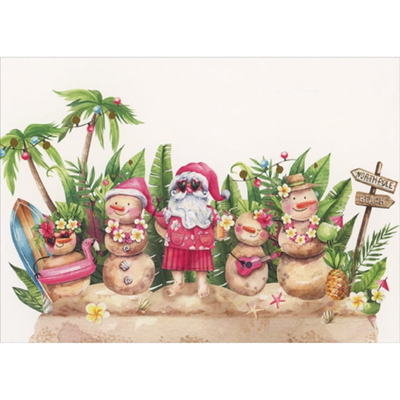 Red Farm Studios Group of Sand Snowmen and Santa in Front of Palm Trees and Tropical Leaves Box of 15 Christmas Cards