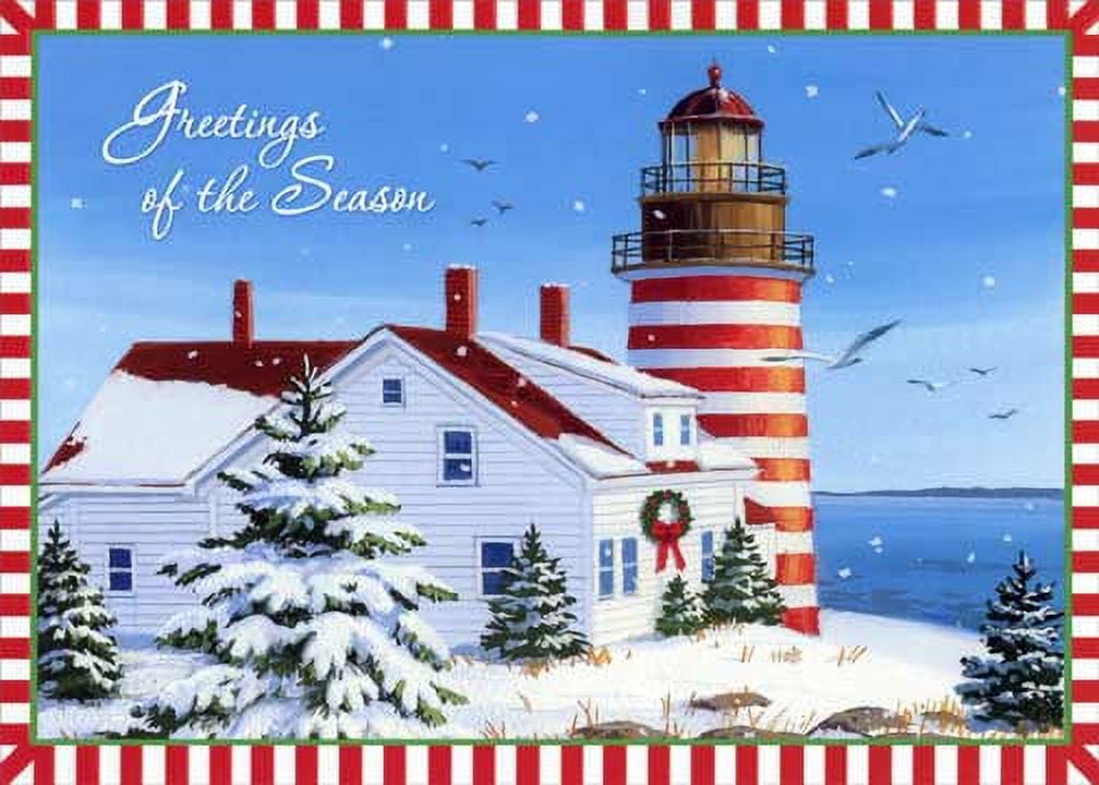 Red Farm Studios Lighthouse with Red and White Border Box of 18 Nautical Christmas Cards